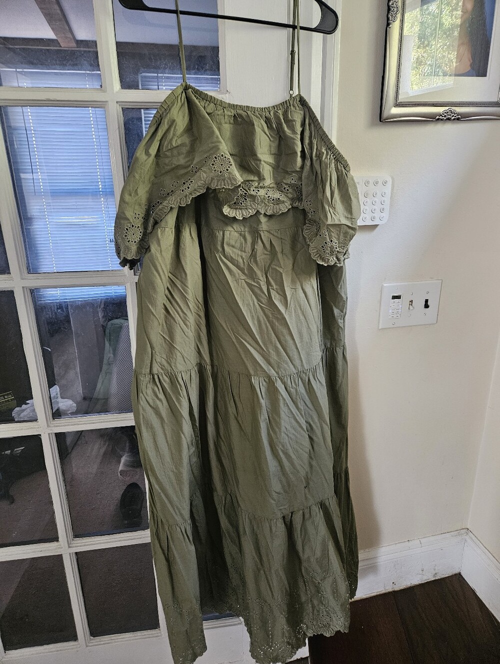 Olive Green Off-Shoulder Eyelet Maxi Dress
